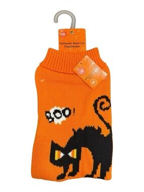 Pet Central Dog Halloween Sweater Black Cat Orange Knit Costume M NWT